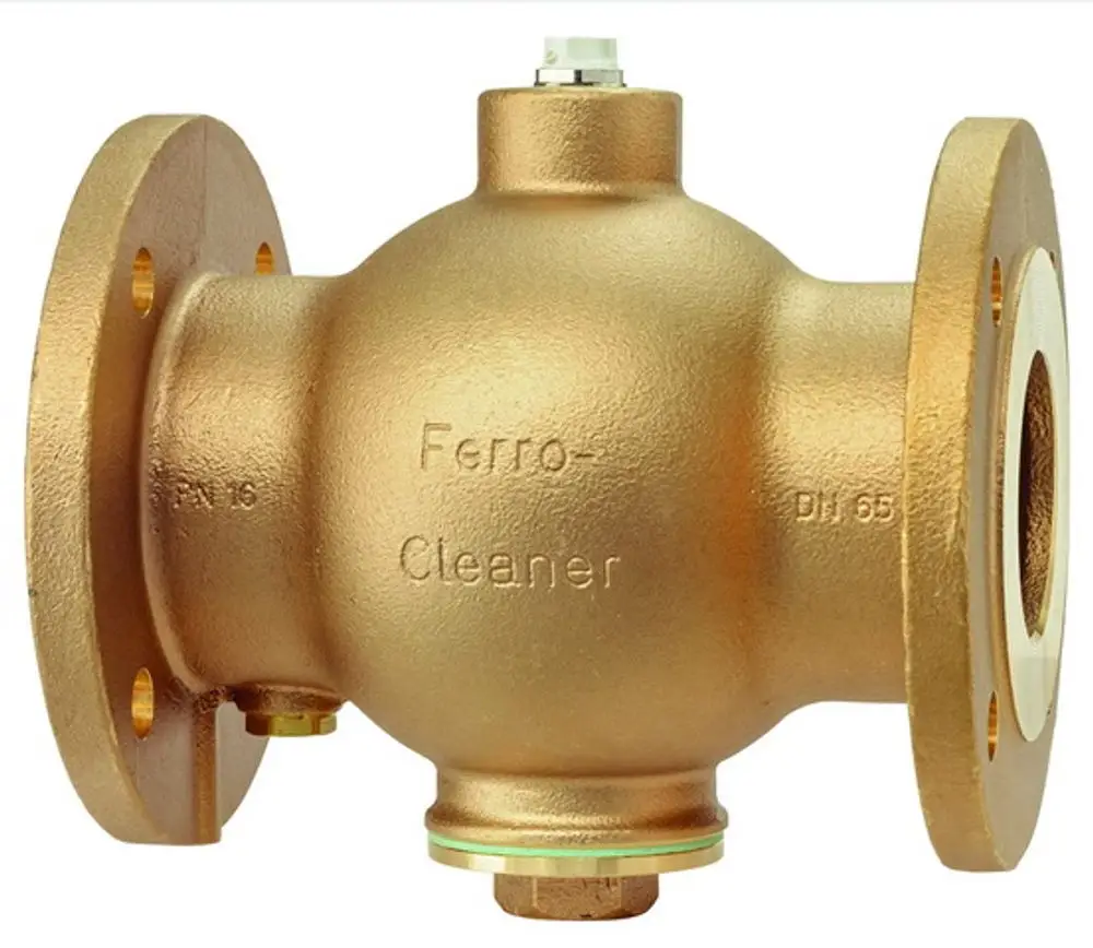 Rotgoldfarbener Abscheider mit Flanschen und einem Anschluss. Die Konstruktion enthält einen Magneten und eine Anode. Produkt von IMI Hydronic Engineering.